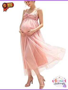 Tulle Maternity Maxi Dress Bow Strap Baby Shower Gown